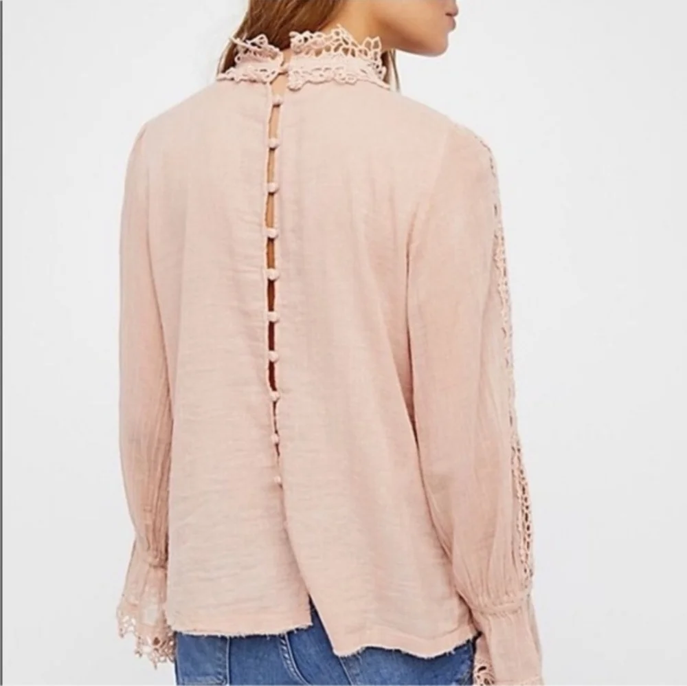 Free People FP One Victoria Top Blush Crochet-Trim Long Sleeve Top